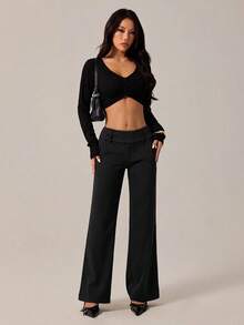 SHEIN PETITE 女士时尚休闲复古口袋喇叭裤，复古风，商务休闲女装，外出穿搭，返校季，巧克力色喇叭裤，休闲裤，复古裤，秋季 - 黑色 - 查看 10