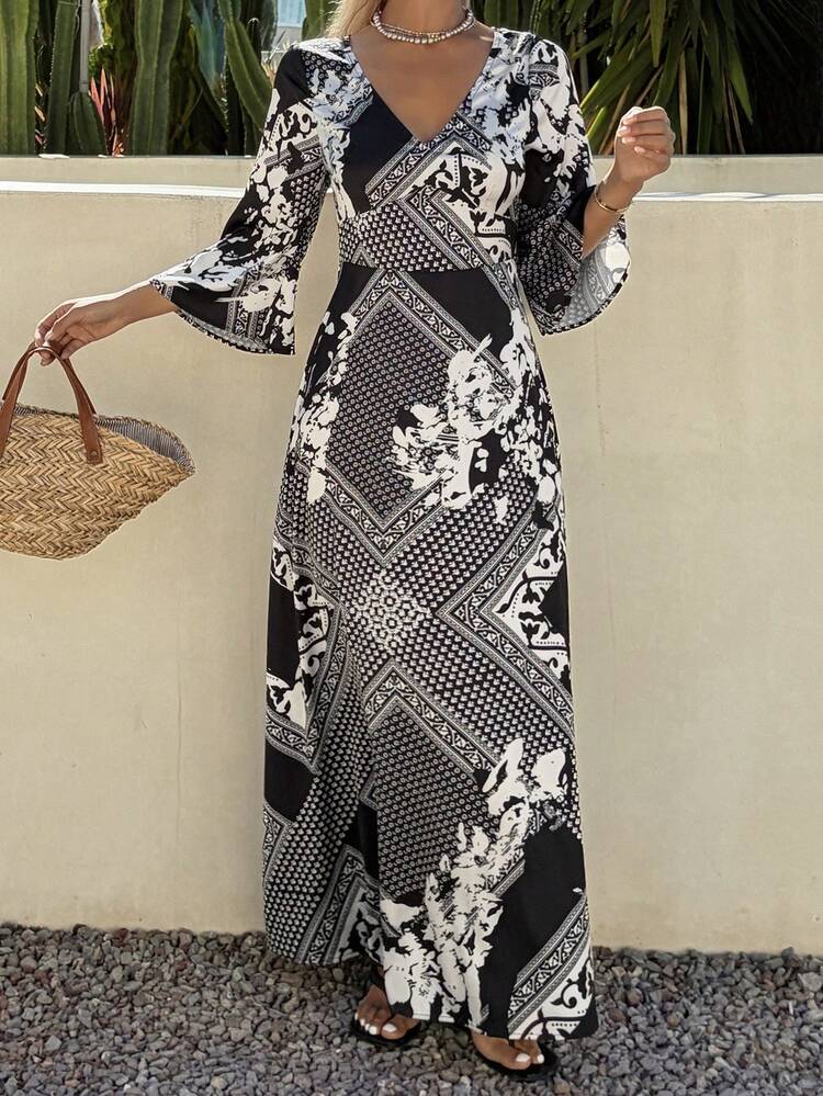 Floral Print V-Neck Flare Sleeve Waist Cinched Elegant Long Dress For Women, Summer Maxi Dress Sundress Boho
