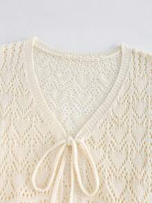 Breezaya New Spring/Summer European & American Style Beige Minimalist Cinched Waist Soft & Elegant Knit Top And Hollow Design Skirt Two Pieces Set, Versatile For Commuting, Business Meetings, Luxury Evening Events - Beige - View 7