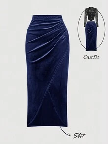SHEIN MOD 女士不对称下摆丝绒迷你裙，冬季服装，晚宴裙，感恩节服装，优雅半裙，晚宴裙，时尚婚礼裙，红色半裙，毕业典礼，派对，秋季，女士秋季服装，女士冬季服装 - 藏蓝色 - 查看 1