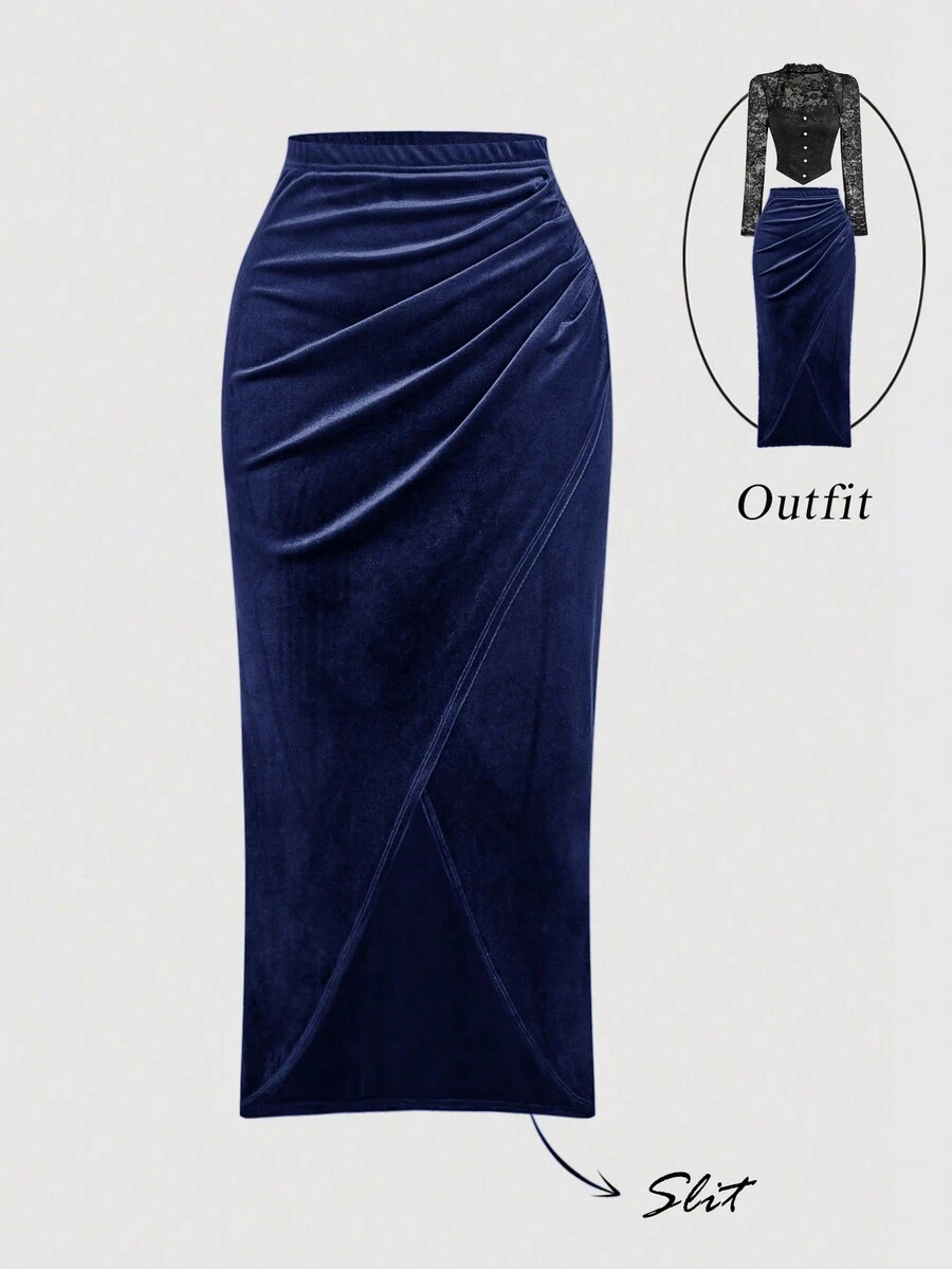 SHEIN MOD 女士不对称下摆丝绒迷你裙，冬季服装，晚宴裙，感恩节服装，优雅半裙，晚宴裙，时尚婚礼裙，红色半裙，毕业典礼，派对，秋季，女士秋季服装，女士冬季服装 - 藏蓝色 - 查看 1