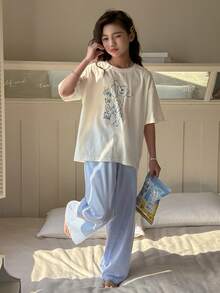 DAZY Conjunto de pijama de niña preadolescente con parte superior de manga corta con estampado de dibujos animados y pantalones a rayas para primavera - Azul y blanco - Ver 3