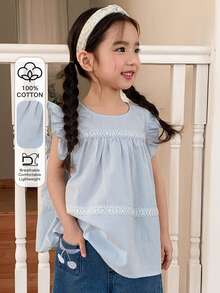 Dazy Kids Blusa casual versátil con cuello redondo y volantes para niña joven - Azul - Ver 1