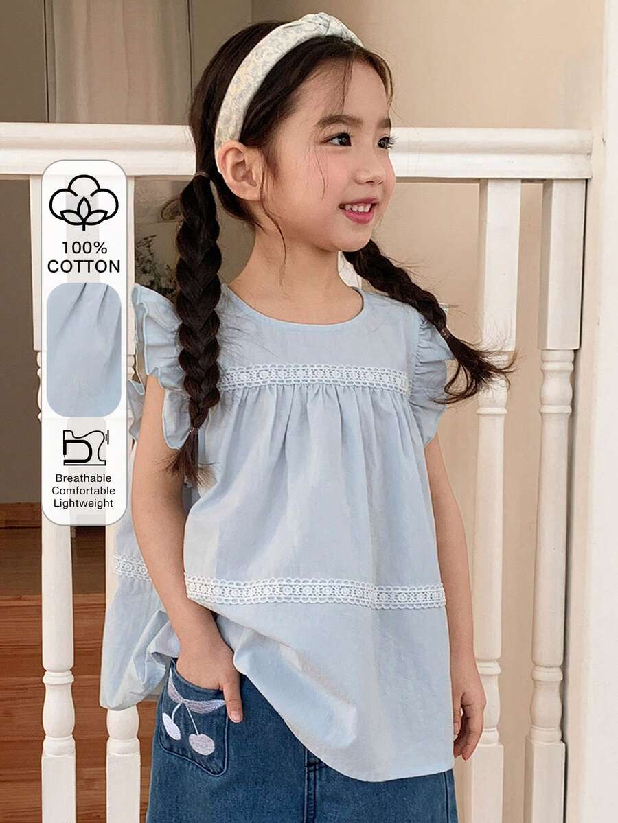 Dazy Kids Blusa casual versátil con cuello redondo y volantes para niña joven - Azul - Ver 1