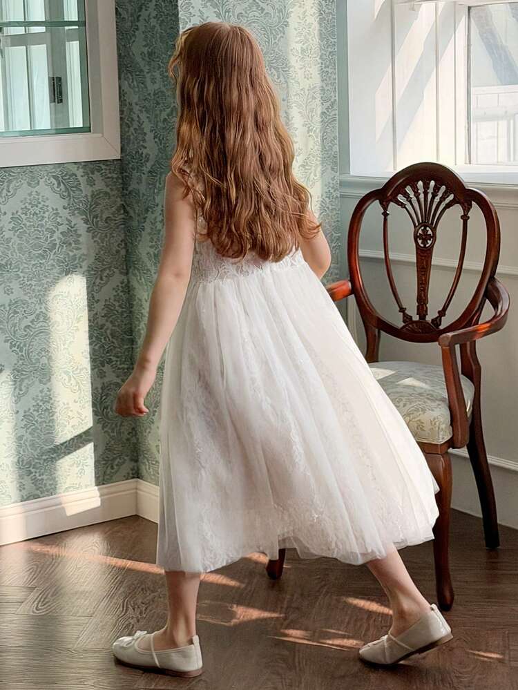 Girls Lace Trim Round Neck Sleeveless Dress, Fall Outfit