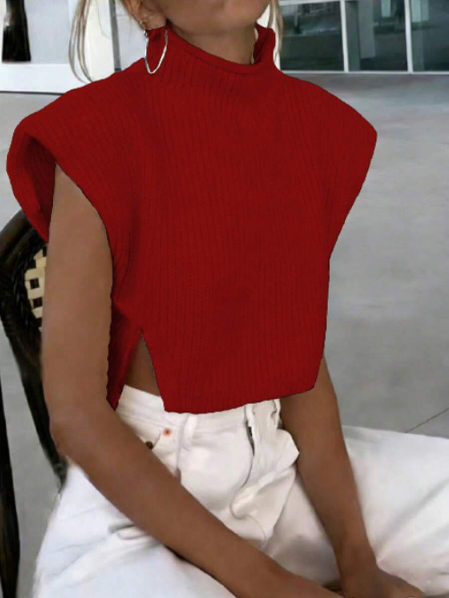 SHEIN LUNE Blusa de punto acanalado con cuello Mao y abertura lateral, unicolor, para verano - Rojo - Ver 1