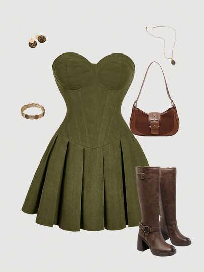 SHEIN MOD 大码复古优雅甜美褶皱束腰麂皮迷你连衣裙