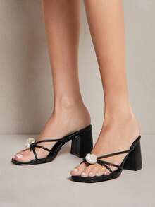 SHUZIA Women's Elegant Minimalist Square Toe Block Heel Slip-On Sandals Summer Shoes - Black - View 2