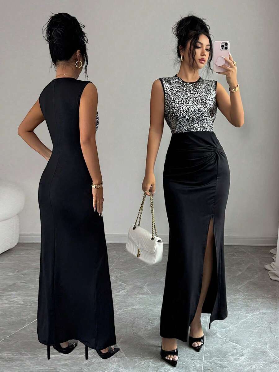 Rafferiza Women's Long Twist Knot Split Hem Dress - Black - View 1