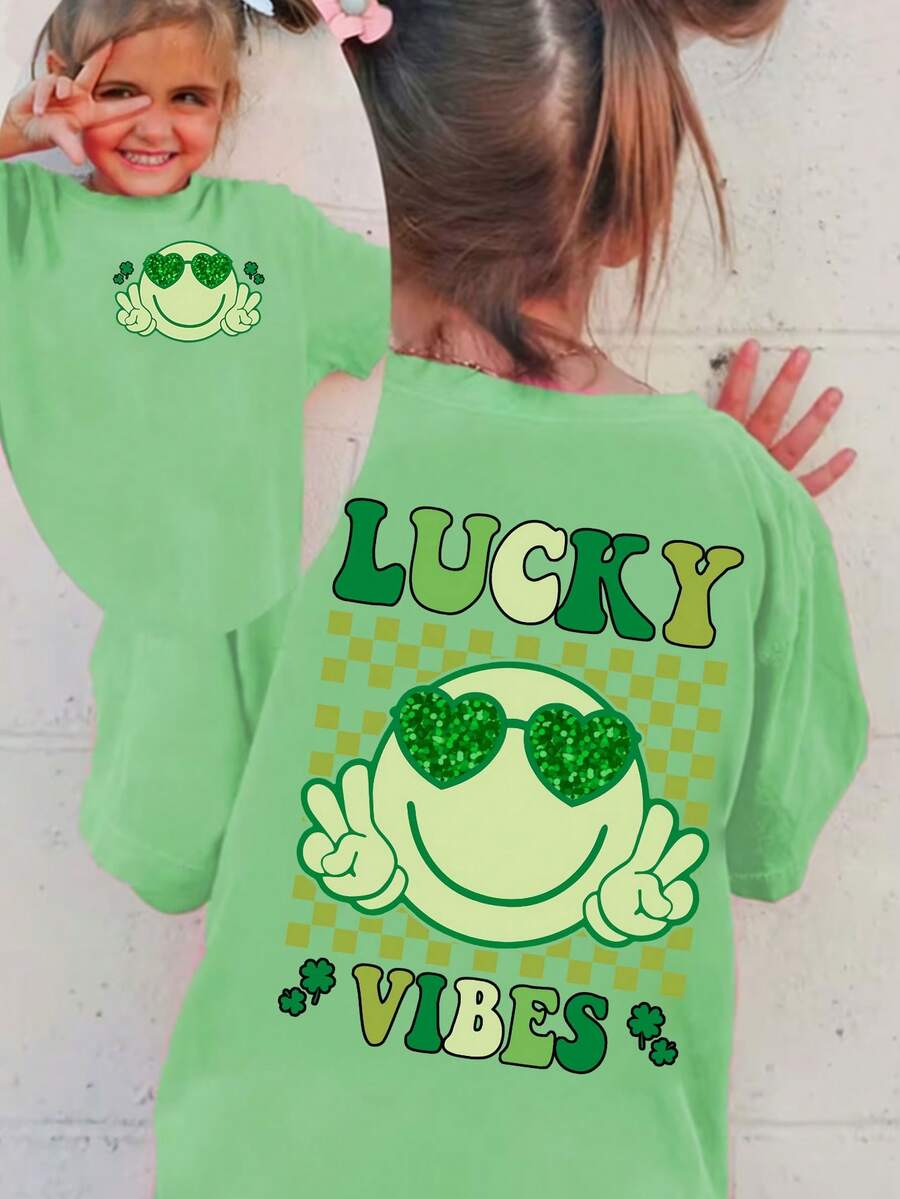 Young Girl Casual Cute Cartoon Face,Plaid,Clover,Glitter Heart Letter Print Short T-Shirt,Comfortable Summer School Daily Wear - Green - View 1