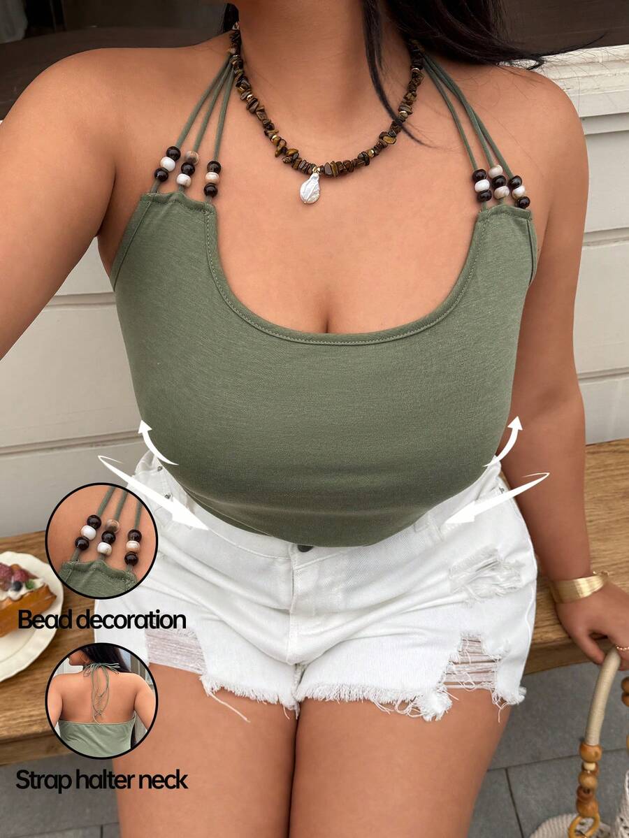 Calvaya Plus Size Women Solid Color Fitted Casual Beaded Camisole T-Shirt Halter Neck Top Cute Top Bead Decoration Top Women's Summer Top Tie Up Top - Olive Green - View 1