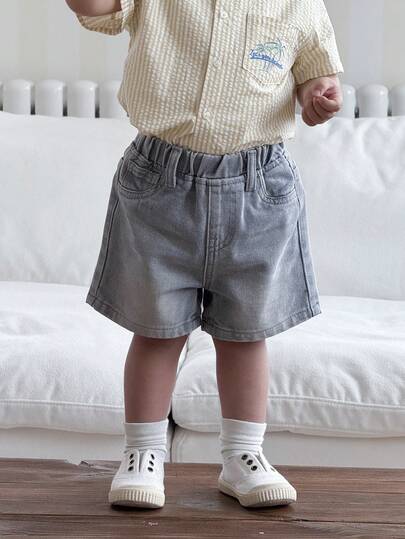 SHEIN 男婴夏季休闲日常通勤度假松紧腰水洗宽松牛仔短裤