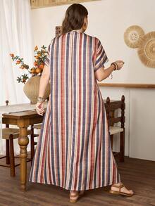 Lacomfia Random Striped Print Pattern Loose Casual Minimalist Fashionable Plus Size Women Shirt - Multicolor - View 2