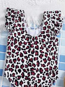 SHEIN Baby Girls Ruffled Sleeve Leopard Print One-Piece Swimsuit, Summer - Multicolor - View 5
