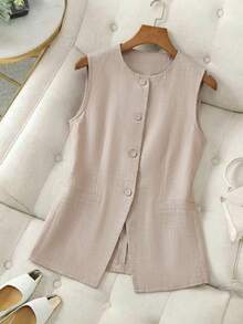 EMERY ROSE Women's Casual Sleeveless Thin Blazer, Summer - Khaki - View 1