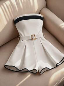 Franclia 夏季抹胸连体裤，金属扣腰带，休闲百搭 - 杏色 - 查看 1