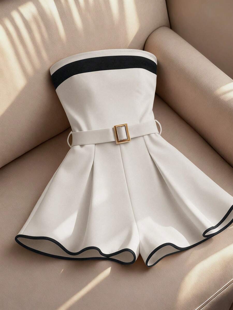 Franclia 夏季抹胸连体裤，金属扣腰带，休闲百搭 - 杏色 - 查看 1