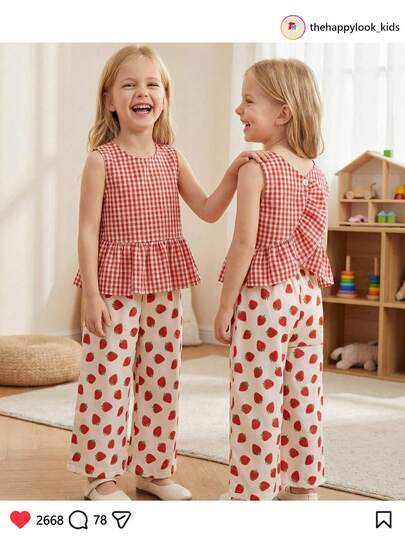THE HAPPY LOOK Young Girl Red Classic Plaid Ruffle Hem Sleeveless Top With Strawberry Print And Wide Leg Pants 2 Pieces Set
