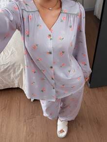 DAZY Ditsy Floral Ruched Shoulder Loose Women Pajama Set - Pink - View 5