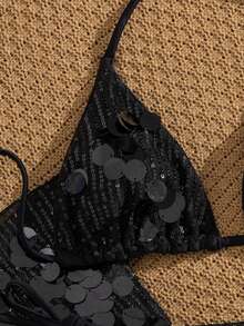 Swim SXY 三件套泳装 Vcay 女士夏季沙滩套装，性感亮片三角比基尼上衣，侧系带三角比基尼下装，亮片迷你裙 - 黑色 - 查看 5