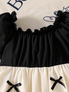 Summer Dress For Baby Girls, Casual Elegant Fashion Petal Sleeve Square Collar Waist Dress With Bow Decor, Lantern Skirt, Suitable For Holidays, Parties, Vacations And More, Summer - Multicolor - View 5