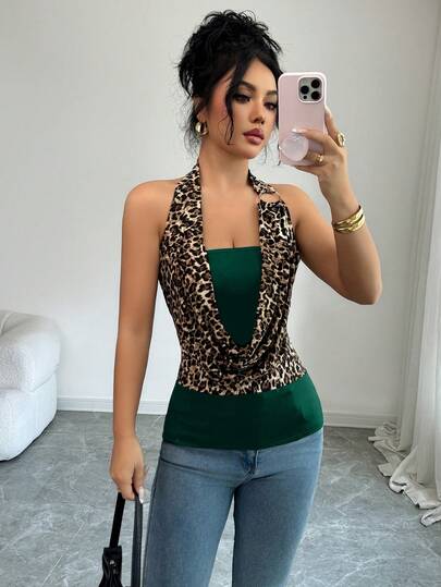 SHEIN Elenzya 2025新款性感露背吊带针织T恤，豹纹拼接无袖短款上衣，适合休闲、度假、约会、派对、情人节等场合穿着，适合20-35岁以上女性