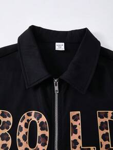 Teen Boy Loose Leopard Print Letter Pattern Polo Collar Short Sleeve Shirt Suitable For Birthday Parties, Evening Parties, Performances, Weddings, Baptisms, Opening Ceremonies Daily Suitable For Daily Use Suitable For School Suitable For Travel Suitable For Sports Suitable For Spring And Summer - Black - View 7
