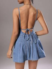 TRNVIE 女士性感露背吊带牛仔连衣裙，夏季 - 淺色水洗藍 - 查看 2