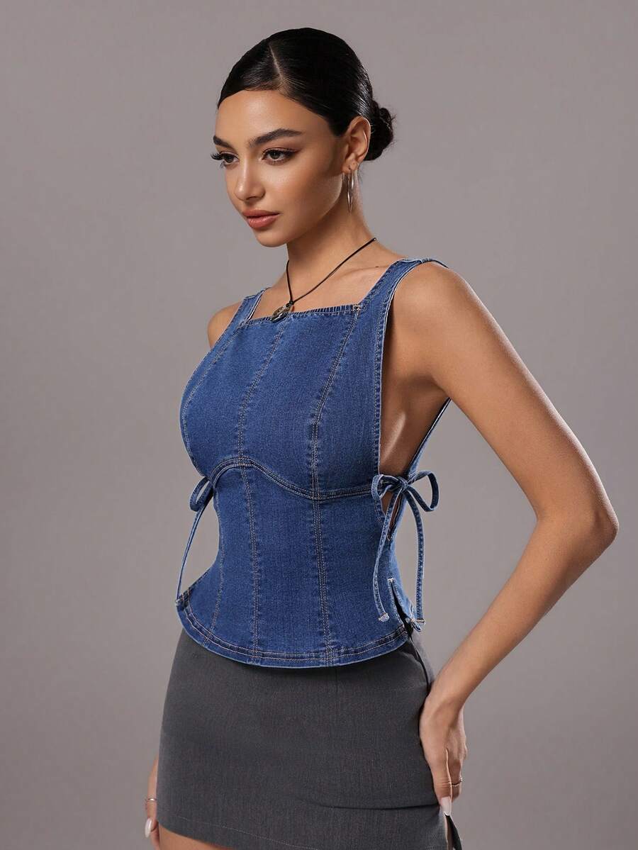 TRNVIE Women's Casual Knotted Design Versatile Date Outing Denim Top - Medium Wash - View 1