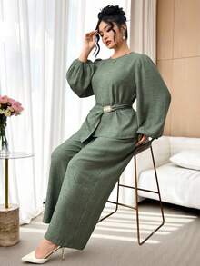Modelyn Plus Size Solid Color Asymmetric Hem Round Neck Long Sleeve Top And Wide Leg Pants 2 Pieces Set Two Piece Set Women Elegant Modest Two Piece Set Wide Leg Pants Set - Green - View 6