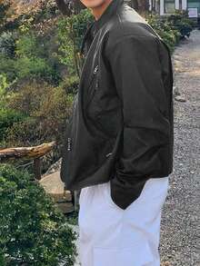 DAZY Chaqueta y abrigo de cremallera de PU negro sólido para hombre, primavera/otoño - Negro - Ver 6