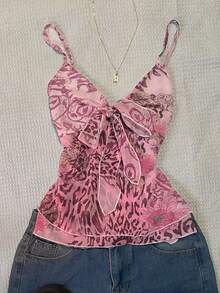 SHEIN 女士粉色花卉豹纹性感修身休闲吊带背心，适合春夏穿着，是度假和海滩穿着的完美之选，甜美浪漫，Y2K甜美休闲风。 - 彩色 - 查看 1