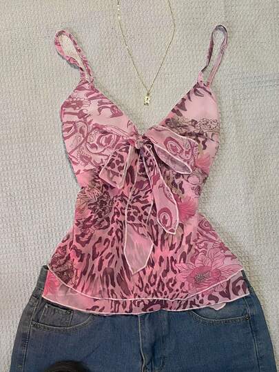 INAWLY Women's Pink Floral Leopard Print Sexy Slim-Fit Casual Camisole, Suitable For Spring And Summer, Perfect For Vacations And Beach Wear, Sweet And Romantic, Y2K Sweet And Casual.