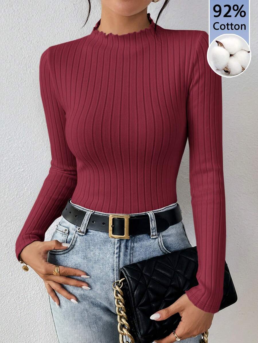 SHEIN Frenchy Burgundy 92% Cotton Ribbed Turtleneck Long Sleeve Fitted Women's Base Layer T-Shirt Spring Turtle Neck Top Wine Red Top - Burgundy - View 1