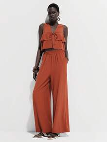 Lumivelle Women's Fashion Sexy Ruffle Tie-Up Short Sleeve Top + Wide Leg Pants 2 Pieces Set - Red - View 4