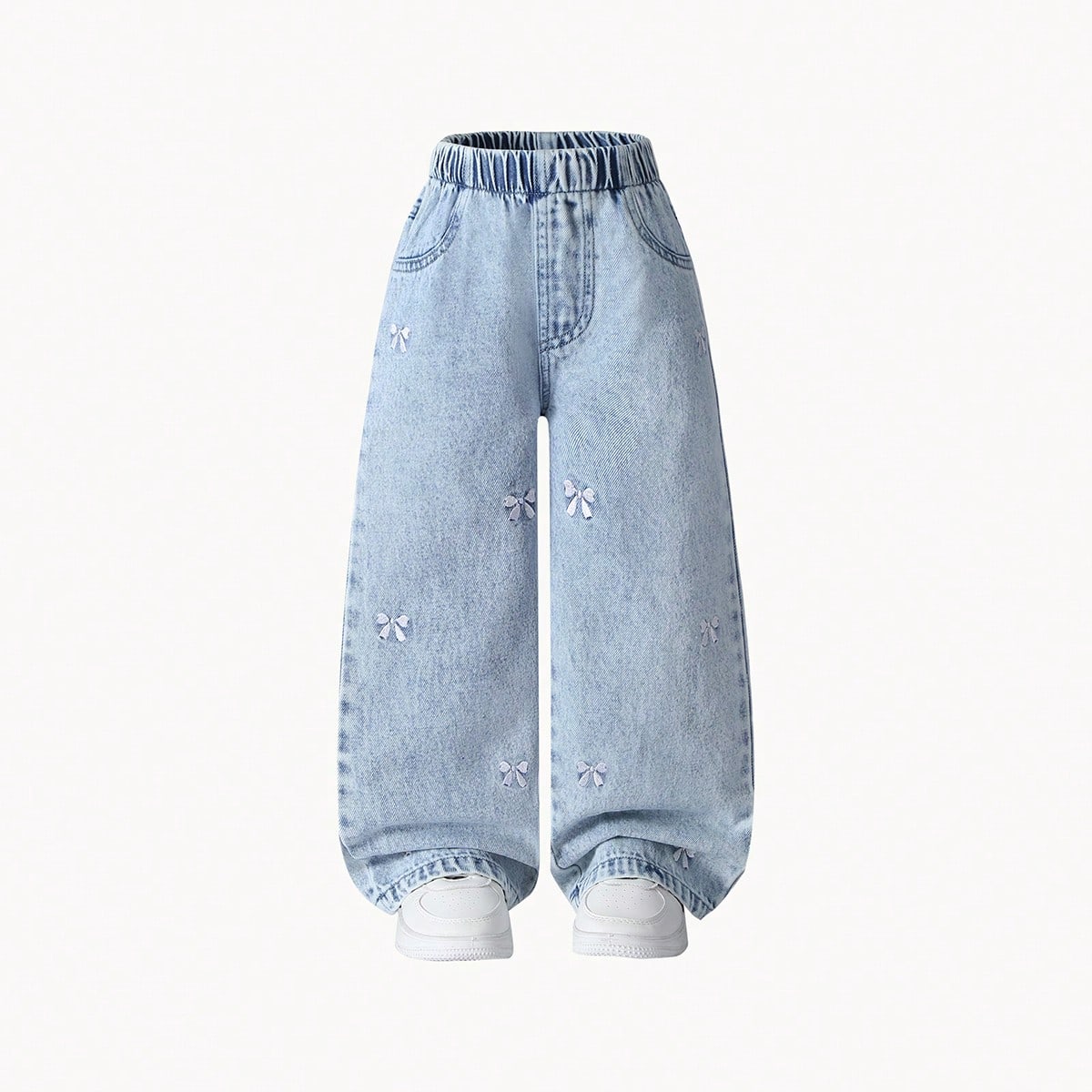 Jeans de estilo lindo para niñas, aptos para primavera/verano/otoño/invierno, color denim azul medio, ajuste recto y holgado con lazo blanco bordado
