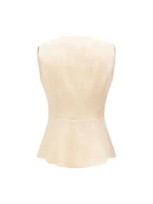 Elenzga 新款时尚金属扣V领无袖上衣，收腰设计，百搭女士夏季款 - 杏色 - 查看 2