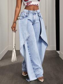 Slaydiva 女士休闲纯色时尚牛仔裤 - 藍色 - 查看 5