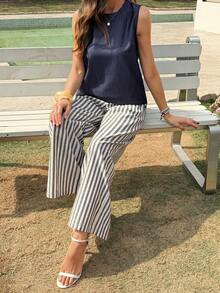 Livesso Women's Sleeveless Striped Loose Shirt Top And Wide Leg Pants 2 Pieces Set - Blue - View 2
