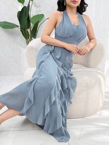 Feyla Đầm dạ hội cổ bèo thiết kế mới, kiểu dáng lãng mạn, thanh lịch, thích hợp cho kỳ nghỉ. - Màu xanh bụi bặm - Xem 4