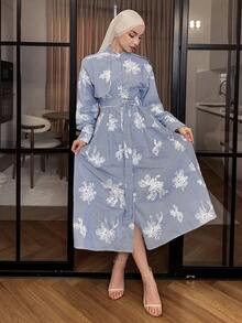 DAZY Women's Casual Striped 3D Floral Waist Belt Shirt Dress, Mid-Length, Spring - Blue - View 4