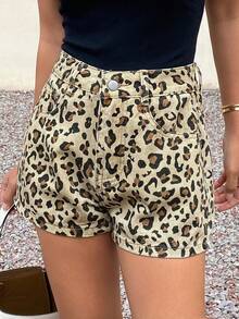 Women's Leopard Print Casual Pocketed Versatile Denim Shorts Jorts - Coffee Brown - View 4