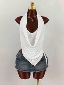 Amplova Áo kiểu nữ cổ xếp tầng, vạt yếm, vạt bất đối xứng và nhún bèo bên hông. - trắng - Xem 6