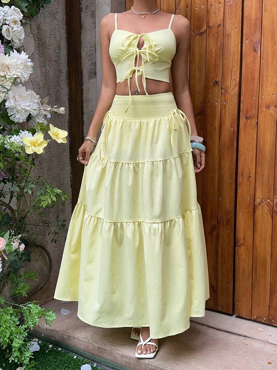 MainGRL 女士黄色编织休闲度假风系带吊带背心和迷你裙套装，春夏款 - 芥末黃 - 查看 1