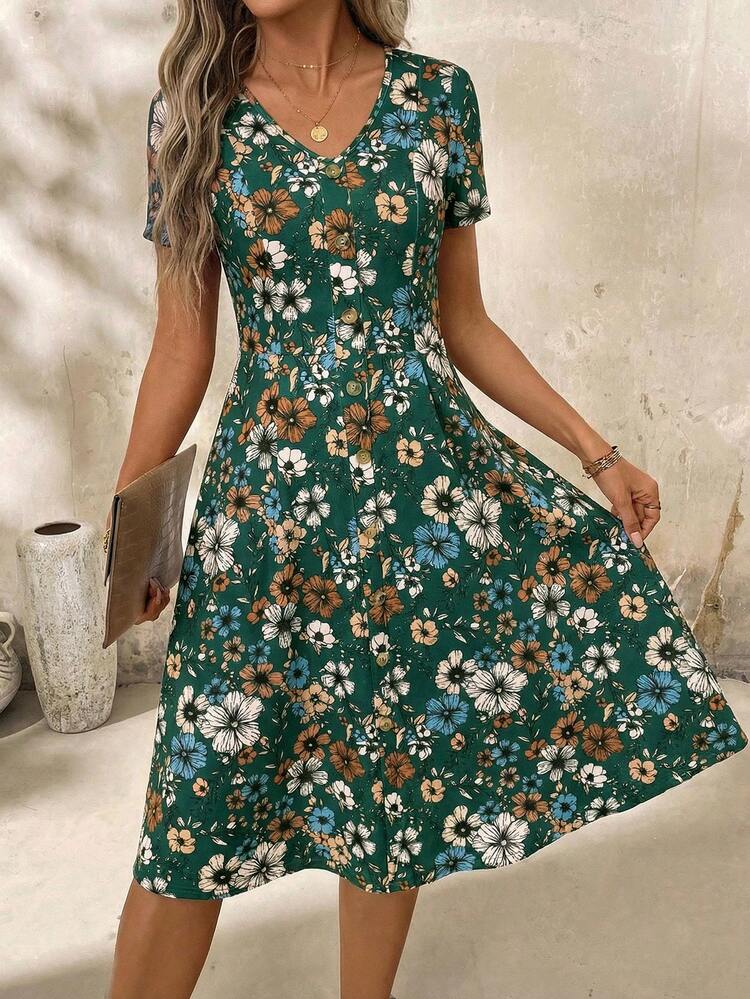 SHEIN Clasi V领纽扣红色波点收腰女式连衣裙，春季服装，情人节连衣裙 - 墨綠色 - 查看 3