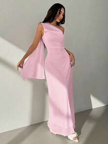SHEIN PETITE 女士优雅浪漫时尚通勤性感优雅不对称肩部修身长裙，适合派对、海滩度假、返校、浪漫约会、婚礼季、生日、复活节装扮、春夏连衣裙 - 粉色 - 查看 5