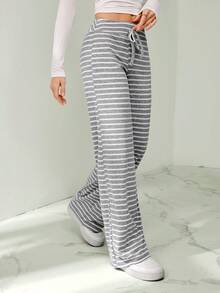 SHEIN Tall 女士休闲条纹低腰抽绳运动裤，阔腿瑜伽/家居裤，秋冬季适合外出穿着 - 淺灰色 - 查看 4