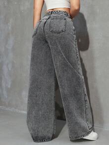 Jeans anchos y sueltos con bolsillos, versátiles y casuales para mujer - Gris Claro - Ver 2