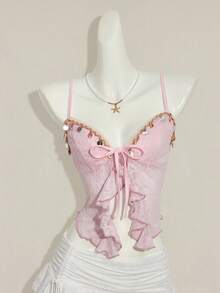 SHEIN ICON Áo hai dây buộc eo, xẻ tà, chất liệu jacquard có họa tiết. - Màu tím hoa cà - Xem 4