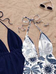 Soleia 2pcs Women Casual Backless Halter Sunflower & Coconut Tree Print Tie Front Camisole Set, Suitable For Summer, Beach, Chic, Travel, Matching Sister Outfits - Multicolor - View 4